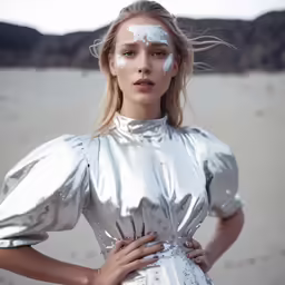 woman in silver dress with white powder on her face