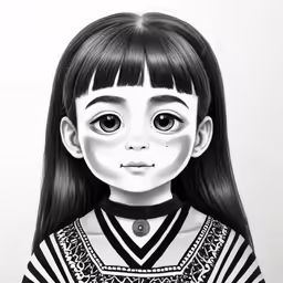 the girl is in black and white with long hair