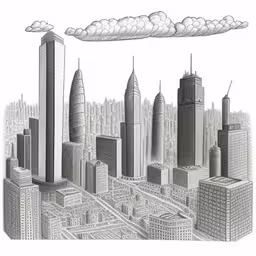 an image of a pencil drawing of a city,cityscape, drawing of an urban landscape with skyscrapers and clouds