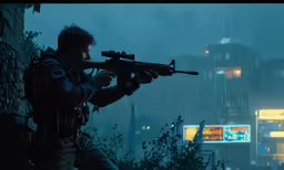 man holding up gun while standing in the rain