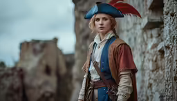 a woman wearing a blue outfit with red feathers on her head