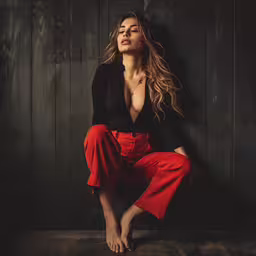a beautiful woman wearing a black top and red pants,woman sitting against a black wood wall with her long flowing hair