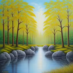 the painting shows a river flowing through a green forest,painting of a river with grass and trees,painting of a beautiful forest scene with a stream and rocks,a painting of trees and rocks on a river,a painting with trees and rocks near a river