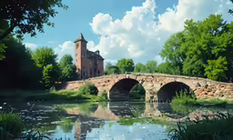 a bridge and building sit over a river