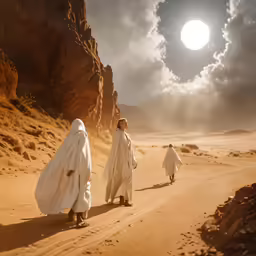 three priests walking down a desert road under a cloudy sky
