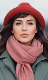 a young girl wearing a red hat and a pink scarf