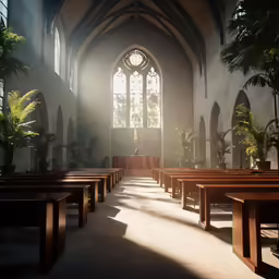 this is an empty cathedral with the sun coming through