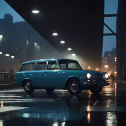 a blue car driving down a wet street