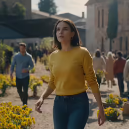 a beautiful young woman walking down a walkway