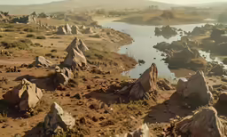 many rocks and water on a hilly area