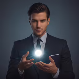 a man in a suit and tie holding out a lit ball