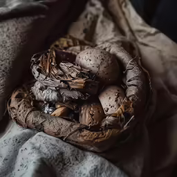 the basket is filled with eggs covered in brown and gray cloth