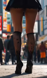 the woman is wearing black high heels while walking