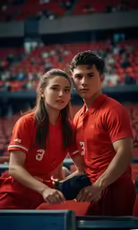 two people sit on red seats in the bleachers