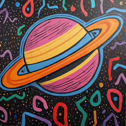 this painting shows a solar system, and has colorful letters all around it