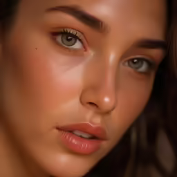 a close up of a young woman with long brown hair
