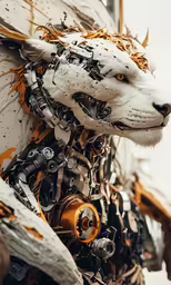 an animal statue with a mechanical design on its face