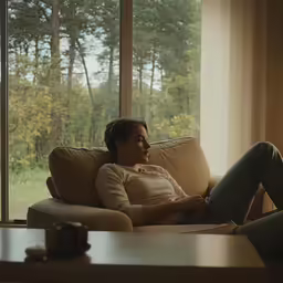 a person sitting on a couch looking at something