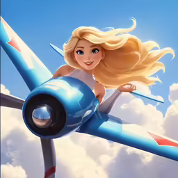 a cartoon girl on a blue airplane flying in the air