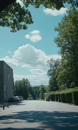 the view down a narrow road in a residential area
