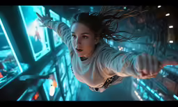 a woman that is in the air in front of a building