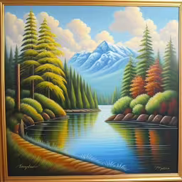 a painting that is on the wall near a wall,a picture of a landscape painted with paint