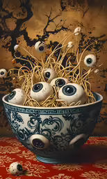 a bowl filled with googly eyes on top of a table