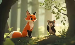a very cute fox sitting next to a kitten