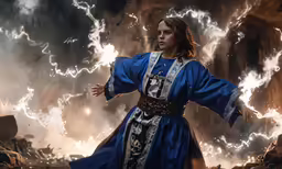 a man dressed as a wizard standing in a dark cave