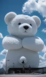 there is a large white teddy bear in front of blue skies