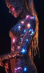 a woman in white and black body paint holding a cell phone