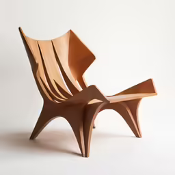 a wooden chair sitting on top of a white ground