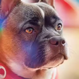 a dog with a rainbow bib looking up