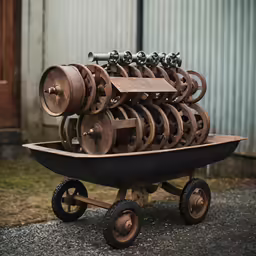 an old fashioned wooden wheel barrow with large wheels