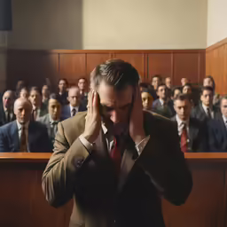 a man in a suit holding his head as he stands in front of a large group