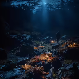 a person standing on a rocky beach at night