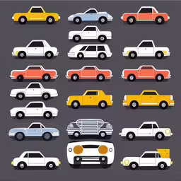 a couple of different types of cars in color,this is an illustration of old cars set in flat design style,a lot of cars parked in different colors,a group of different cars are shown in a flat style,a large set of cars that have a number of different types of cars