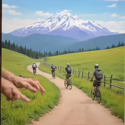 three people are riding bicycles down the road while another hand reaches for the photo