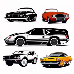 four vintage cars on a white background each one in black and the other white,four different colored cars in line art design,a line of old school cars all in different colors,four different colors of old fashioned muscle cars,four different classic car designs, each with different colors