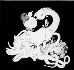 a drawing of an elephant and an animal on a black background,a drawing of a woman holding a bird in her hands
