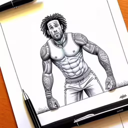 a picture of an ink drawing of a man,drawing of a man with tattoos on his chest standing in front of a monitor,a pencil drawing of a man in shorts,a drawing of a male body wearing a shirt,a drawing of a man with muscles, full body and a shirt