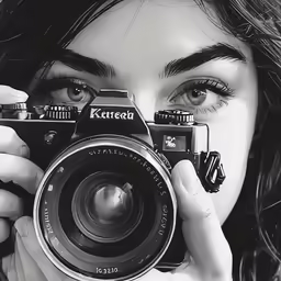 black and white photograph of a young woman holding a camera to her face
