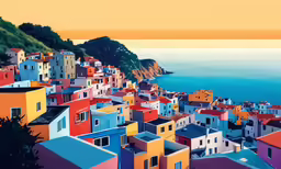 some pretty colorful houses on a hillside next to the ocean