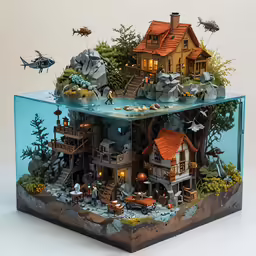 a clear box containing a miniature aquarium that has several different houses inside