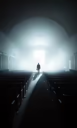 a man walking away from the light at the end of the dark room