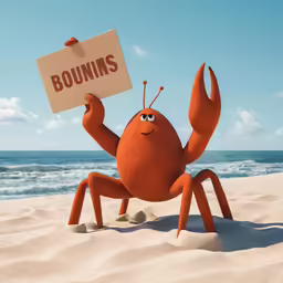 a happy crab holds up a sign that reads no boundss on the beach
