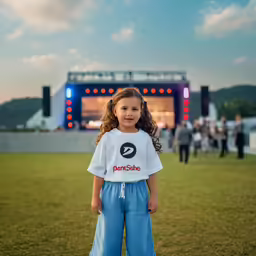 a girl standing on a green field next to a stage
