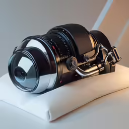 a camera on a pillow sitting on the floor