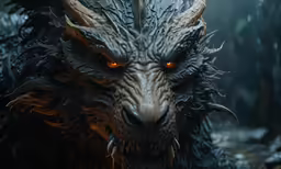 a monster with yellow eyes stands in the middle of an jungle