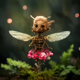 a toy doll in the form of a bug sitting on top of a plant